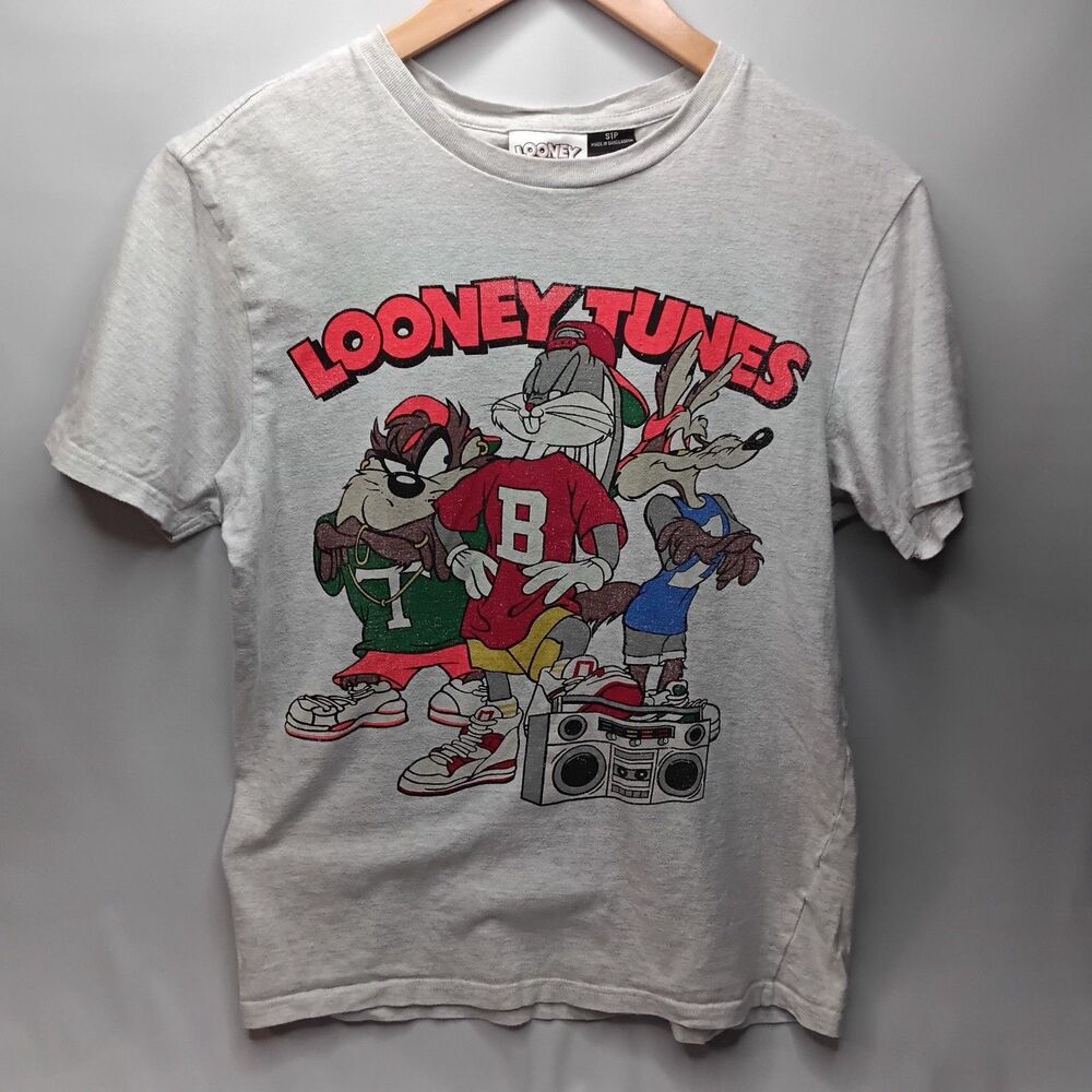 Vintage Looney Tunes T-Shirt Gray Size Small Hip Hop Boom Box, Bugs Bunny, Taz